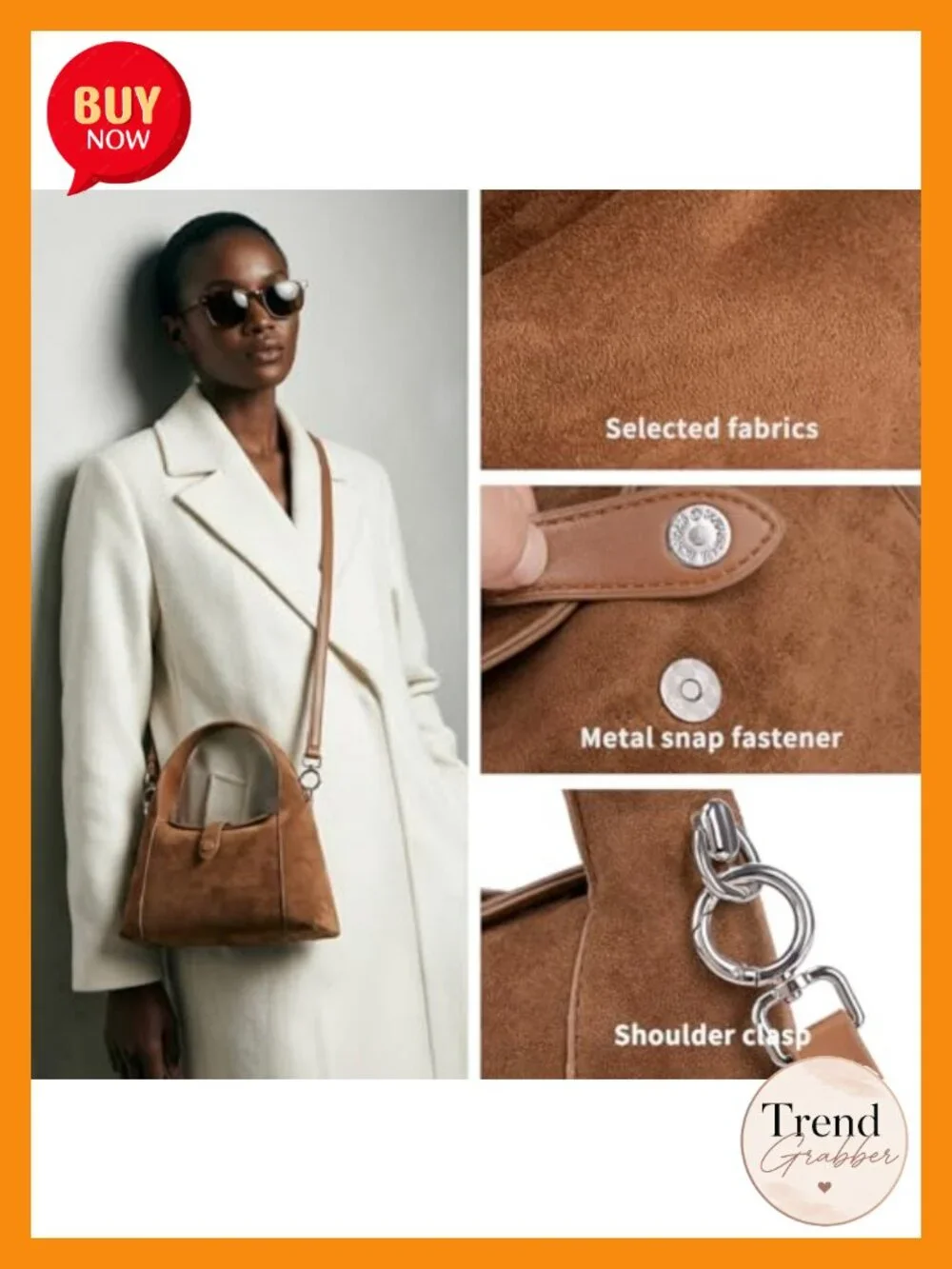 Soft Suede Half-Moon Hobo Tote Handbag with Detachable Crossbody Strap